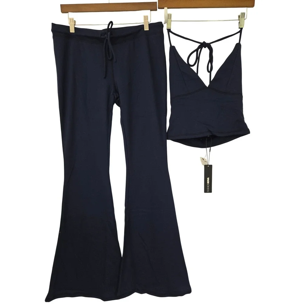 Fashion Nova Unwind Time Halter Pant Set Women XL Navy NWT $45 HKTP26963